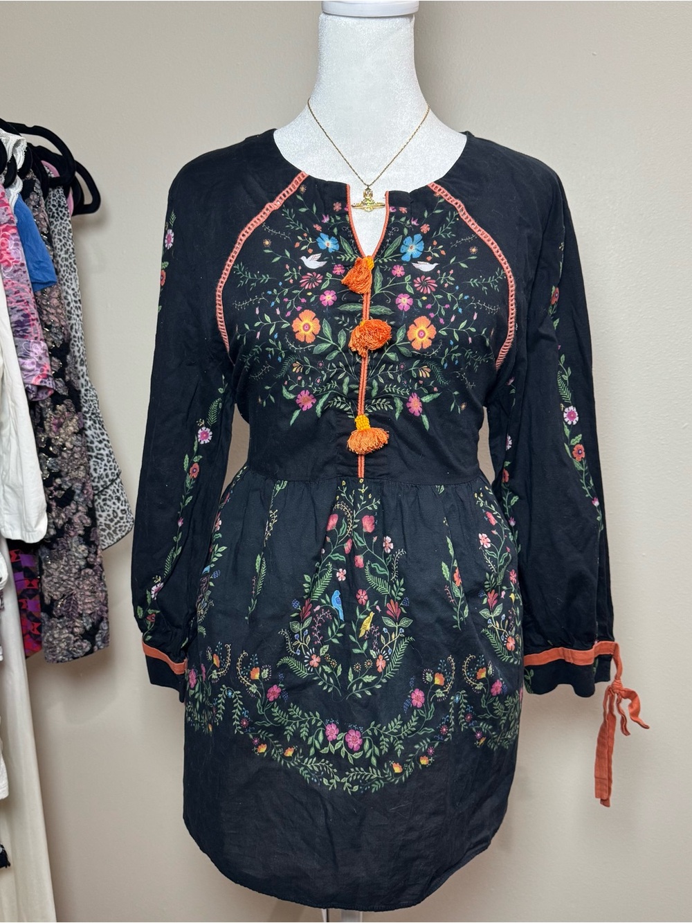 Black Floral Embroidered Boho Tunic Women’s Large Blouse with Orange Accents